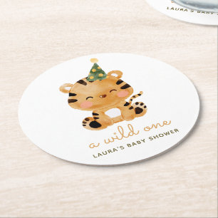 Watercolor Tiger Safari Baby Shower Round Paper Coaster