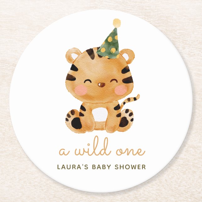 Watercolor Tiger Safari Baby Shower Round Paper Coaster (Front)
