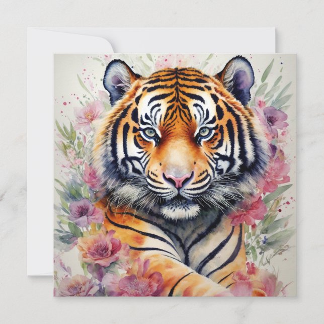 Watercolor Tiger With Flowers Floral Painting Invitation (Front)