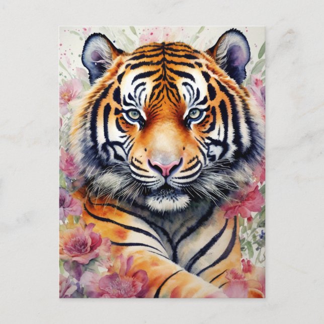 Watercolor Tiger With Flowers Floral Painting Postcard (Front)