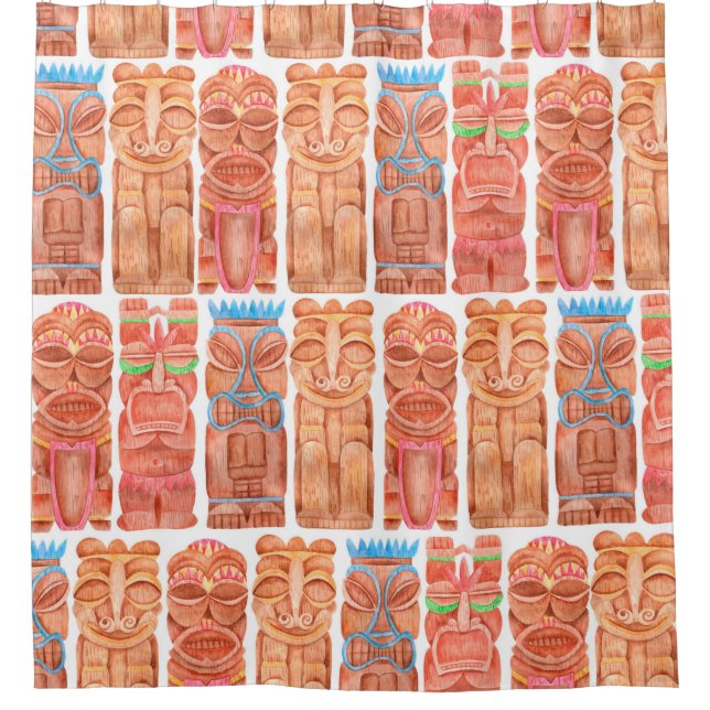 Watercolor tiki hawaii totem seamless pattern shower curtain (Front)