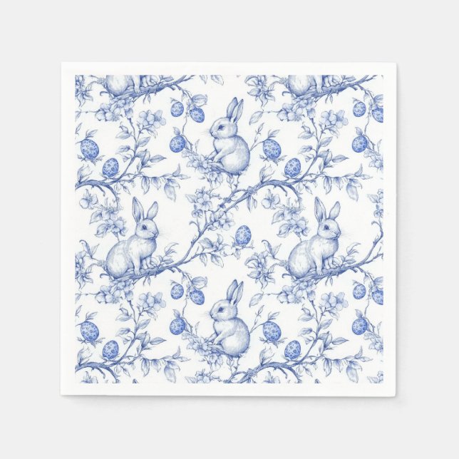 Watercolor Toile De Jouy Blue Easter Bunny Napkin (Front)