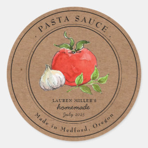 Watercolor Tomato garlic Pasta sauce Kraft paper Classic Round Sticker