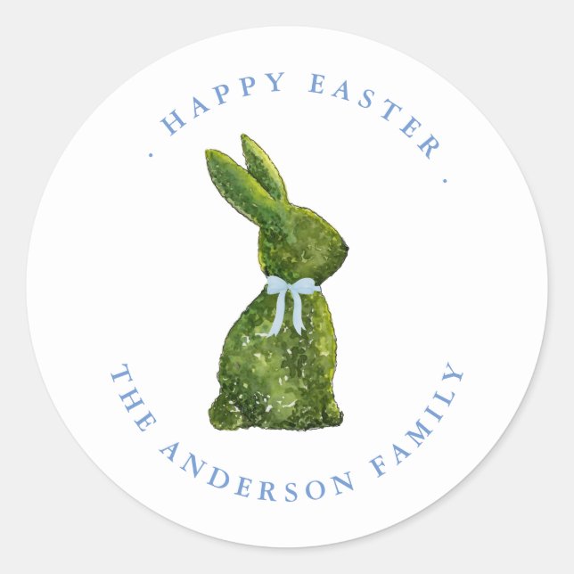 Watercolor topiary rabbit Happy Easter  Classic Round Sticker (Front)
