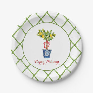 Watercolor Topiary & Trellis border Happy Holiday  Paper Plate