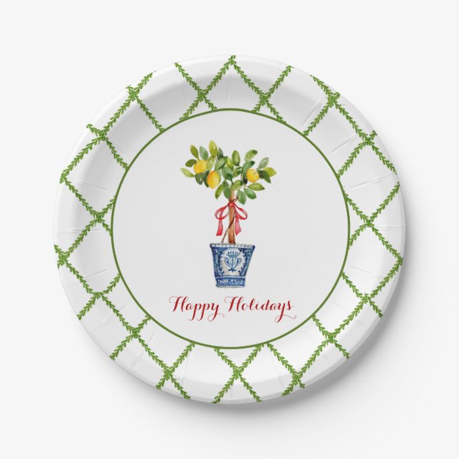 Watercolor Topiary & Trellis border Happy Holiday  Paper Plate (Front)