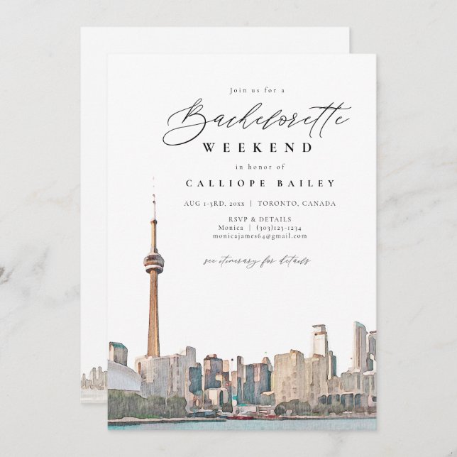 Watercolor Toronto Bachelorette Itinerary and Invitation (Front/Back)