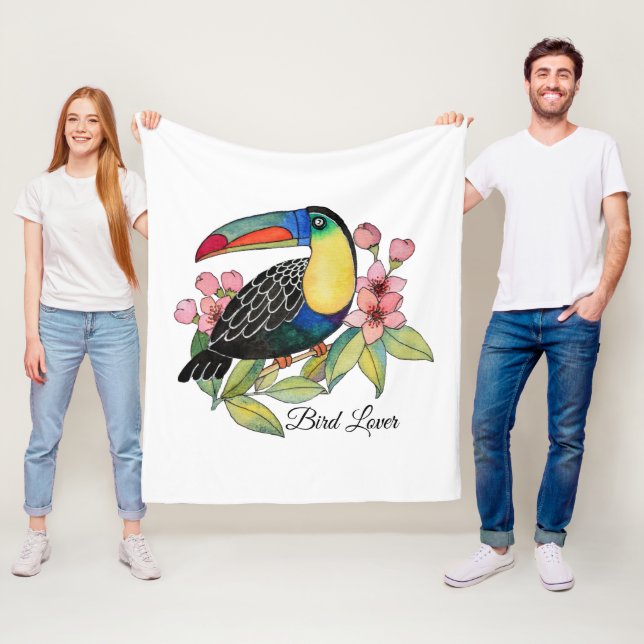 Watercolor Toucan Bird With Flowers Fleece Blanket (In Situ)