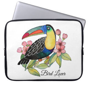 Watercolor Toucan Bird With Flowers Laptop Sleeve