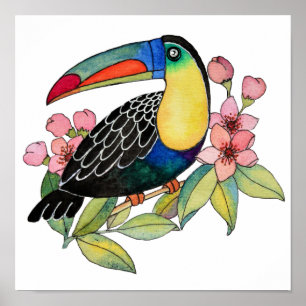 Watercolor Toucan Bird With Flowers Poster