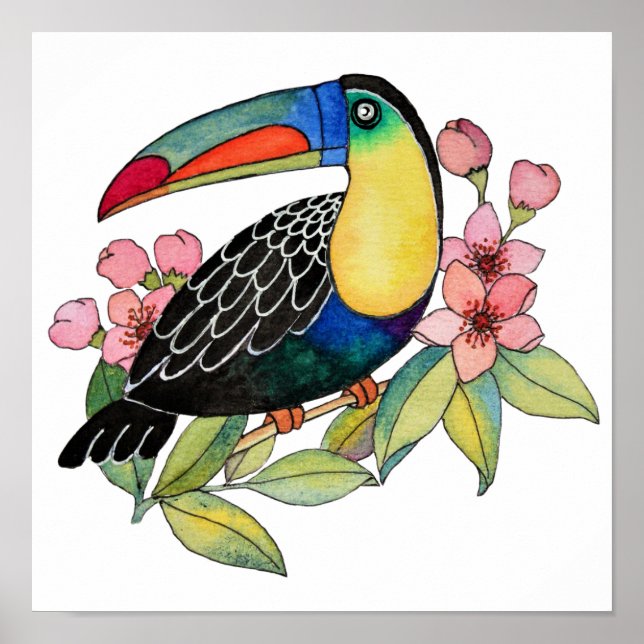 Watercolor Toucan Bird With Flowers Poster (Front)