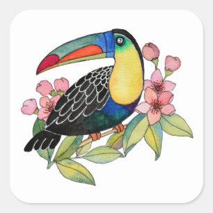 Watercolor Toucan Bird With Flowers Square Sticker