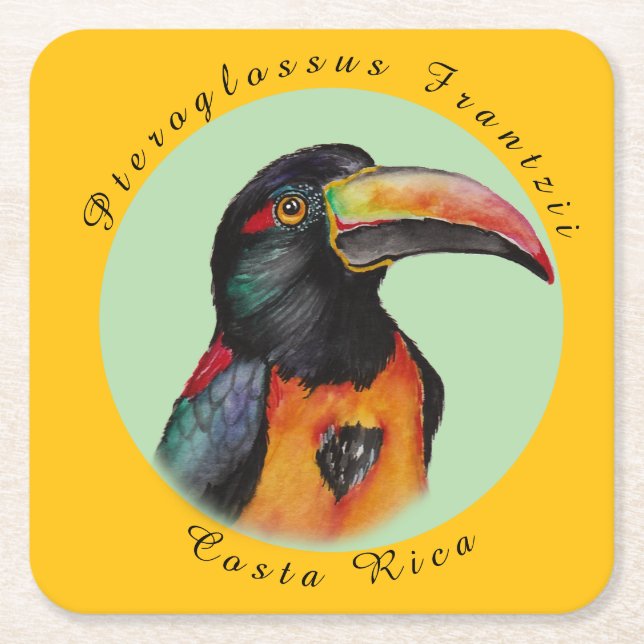 Watercolor toucan square paper coaster (Front)