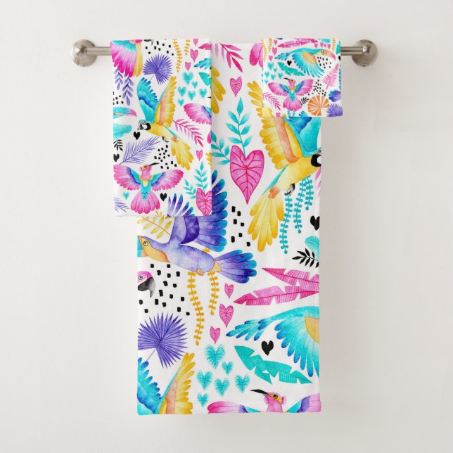 Watercolor Toucans, Maccaws and Hummingbird Jungle Bath Towel Set (Insitu)
