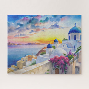 Watercolor Townscape Santorini Greek Island Jigsaw Puzzle