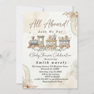Watercolor Toy Train Boho baby shower Invitation