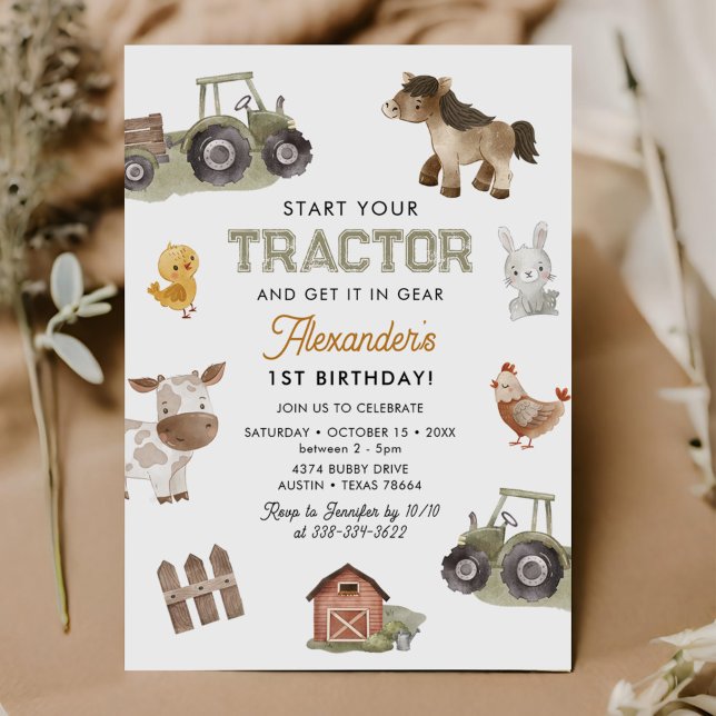 Watercolor Tractor 1st Birthday  Invitation (Creator Uploaded)