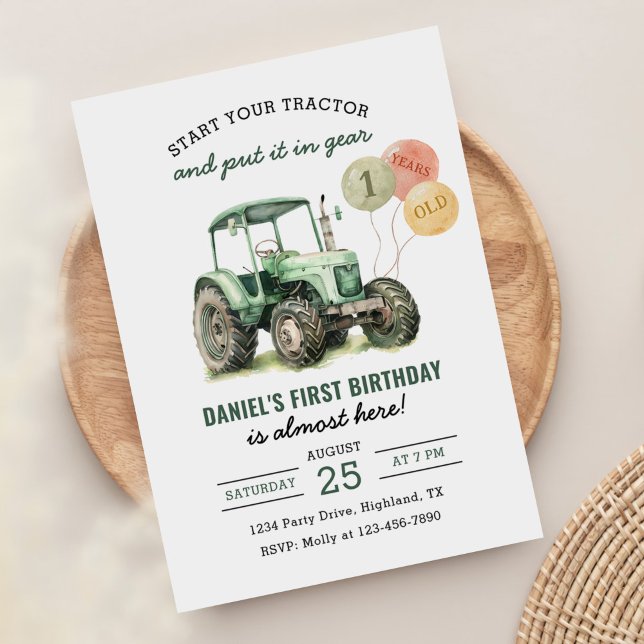 Watercolor Tractor 1st Birthday Party Invitation (Creator Uploaded)