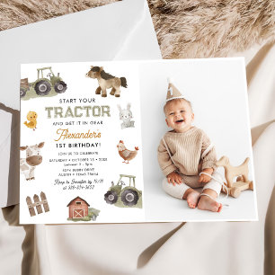 Watercolor Tractor 1st Birthday Photo Invitation