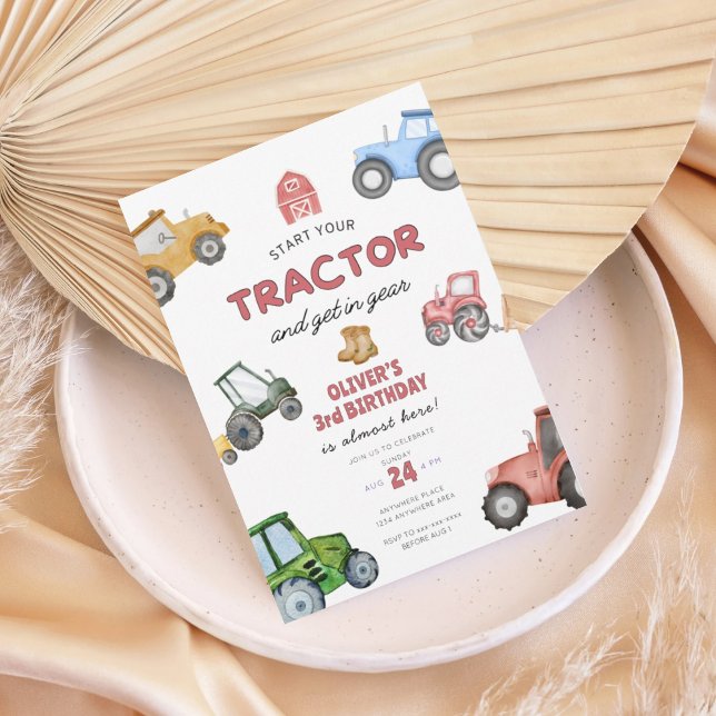 Watercolor tractor 3rd birthday invitation (Creator Uploaded)