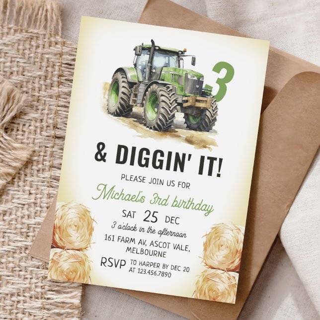 Watercolor Tractor 3rd Birthday Party Invitation (Creator Uploaded)