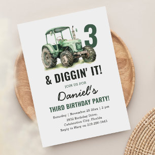 Watercolor Tractor 3rd Birthday Party Invitation