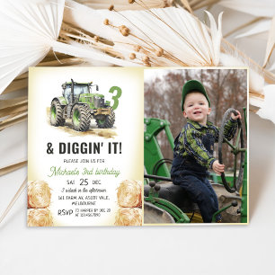 Watercolor Tractor 3rd Birthday Party Photo Invitation
