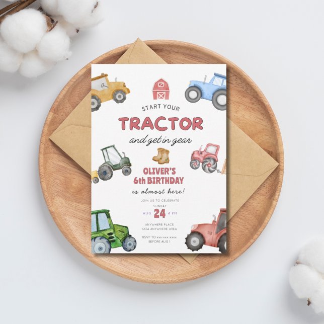 Watercolor tractor 6th birthday invitation (Creator Uploaded)