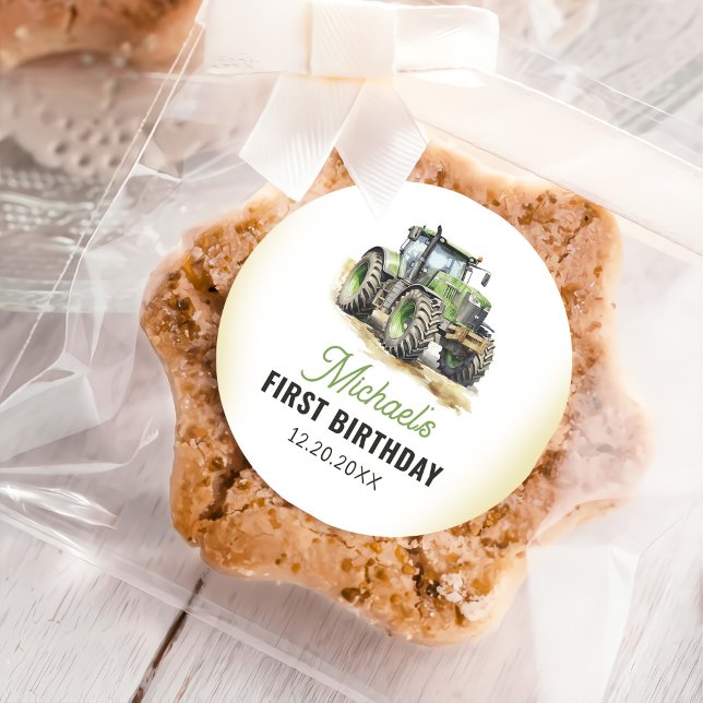 Watercolor Tractor Birthday Party Classic Round Sticker (Creator Uploaded)