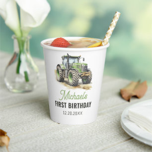 Watercolor Tractor Birthday Party Paper Cups
