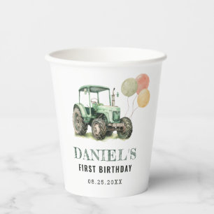 Watercolor Tractor Birthday Party Paper Cups