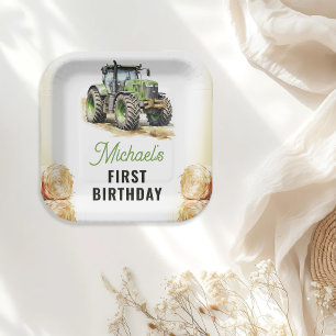 Watercolor Tractor Birthday Party Paper Plate