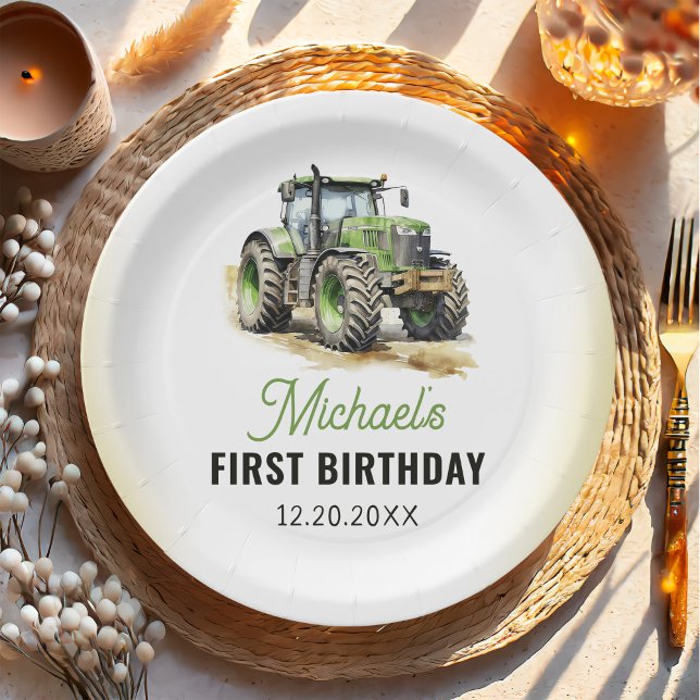Watercolor Tractor Birthday Party Paper Plate (Creator Uploaded)
