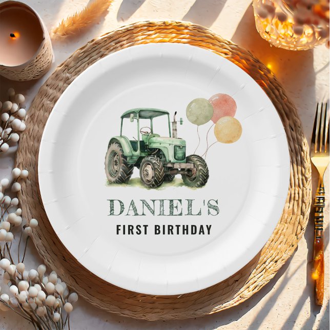 Watercolor Tractor Birthday Party Paper Plate (Creator Uploaded)