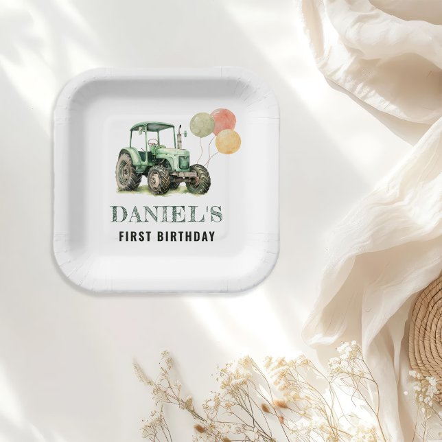 Watercolor Tractor Birthday Party Paper Plate (Creator Uploaded)