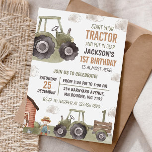 Watercolor Tractor Farm 1st Birthday Invitation
