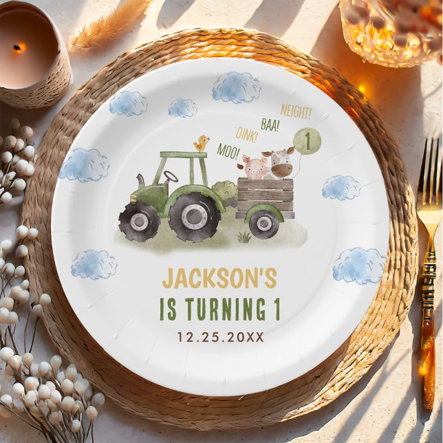 Watercolor Tractor Farm 1st Birthday  Paper Plate (Creator Uploaded)