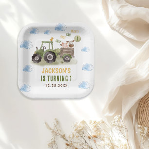 Watercolor Tractor Farm 1st Birthday Paper Plate