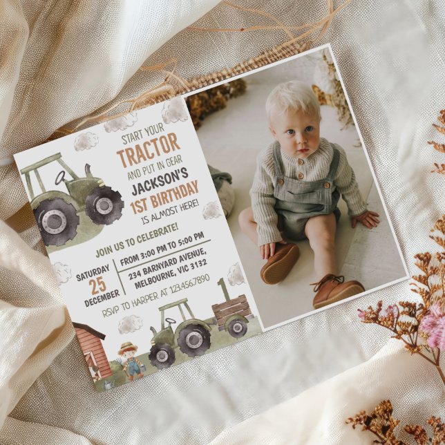 Watercolor Tractor Farm 1st Birthday Photo Invitation (Creator Uploaded)
