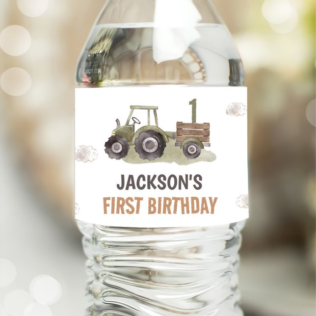 Watercolor Tractor Farm 1st Birthday  Water Bottle Label (Creator Uploaded)