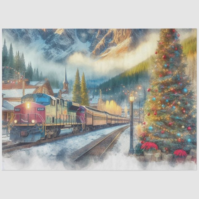 Watercolor Train and Christmas Tree Tissue Paper (Front)