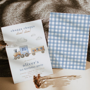 Watercolor Train Birthday Invitation   Blue Train