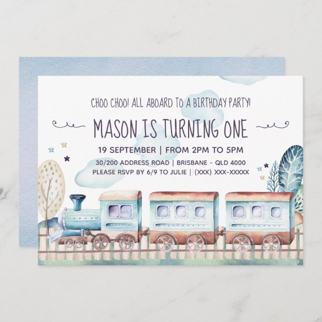 Watercolor Train Birthday Party Invitation (Front/Back)