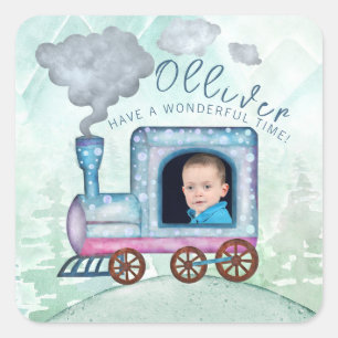 Watercolor Train Birthday Party photo Square Sticker