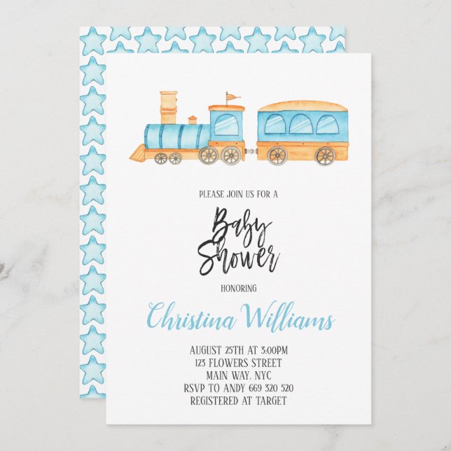 Watercolor Train Toys Boy Baby Shower Blue Invitation (Front/Back)