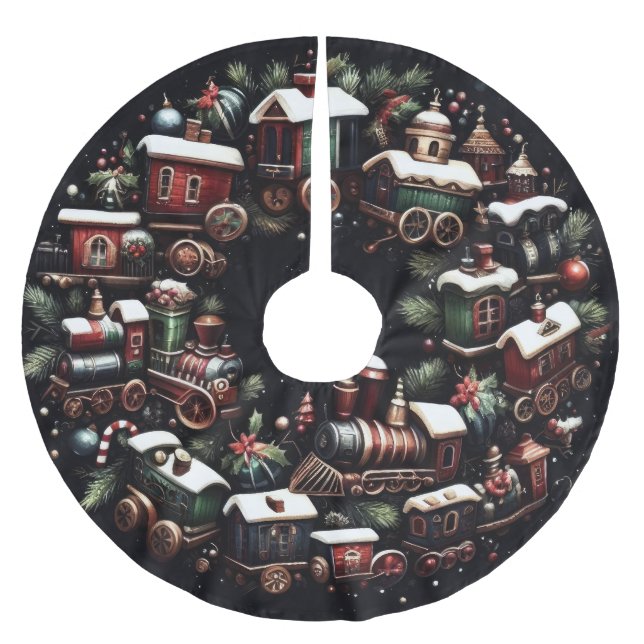 Watercolor Trains on Black Christmas Brushed Polyester Tree Skirt (Front)
