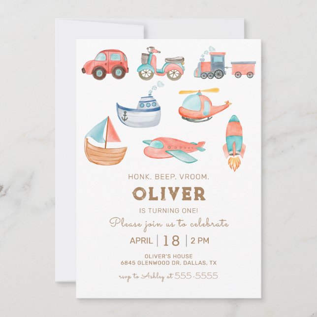Watercolor Transportation Boy Birthday Party Invitation (Front)