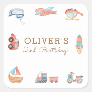 Watercolor Transportation Boy Birthday Party Square Sticker
