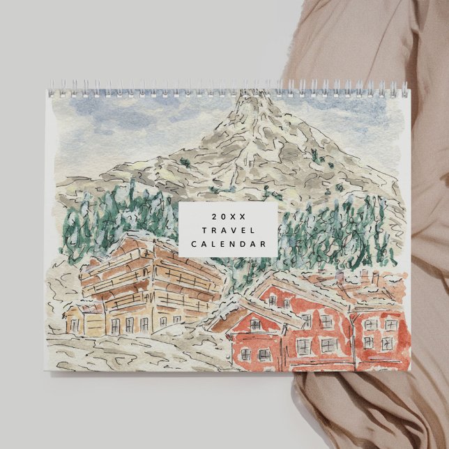 Watercolor Travel Calendar (Watercolor Travel Calendar - Swiss Alps, Morocco, California, France, China, and more!)