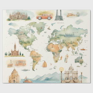 Watercolor Travel Map Wrapping Paper